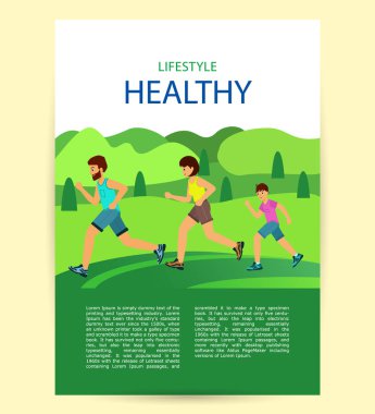 Sağlıklı yaşam tarzı posteri. Aile parkta koşuyor. Mutlu aile kavramı