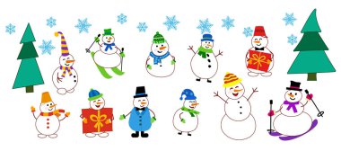 Farklı kardan adam koleksiyonları. Yetenekli bir kardan adam,