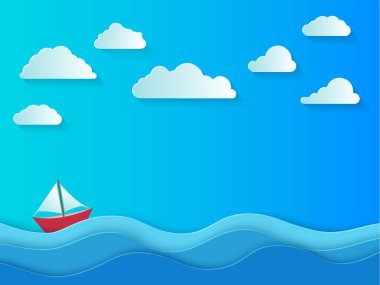 Beyaz bulutlarla dolu bir yaz günü. Kağıt biçiminde deniz arkaplanı.