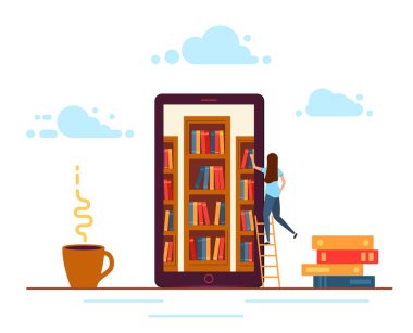 E-kitapla çevrimiçi kütüphane. Telefondaki genç kız e-kitap arıyor..