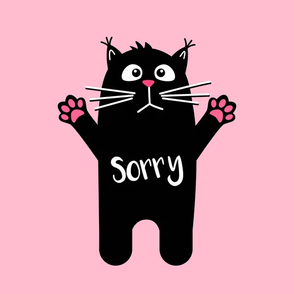 Traurige süße Katze mit Text Sorry. Kawaii schwarze Katze auf rosa Hintergrund. — Stockvektor