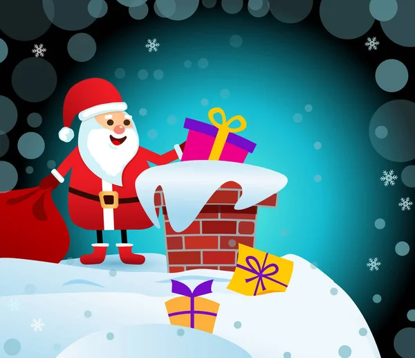 메리 크리스마스의 어두운 삽화. 선물 가방을 들고 지붕 위에 있는 산타클로스 — 스톡 벡터