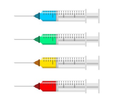 Farklı sıvı ve ilaçlara sahip şırıngalar..