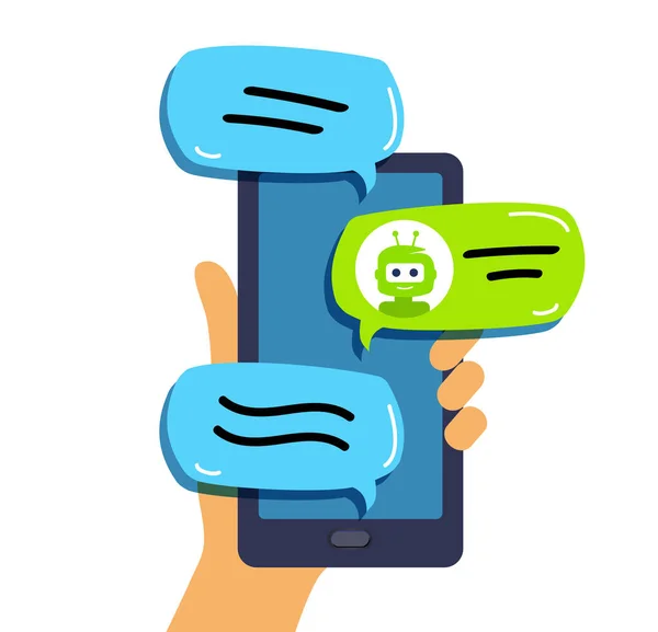 Chat bot Koncepce technické podpory. Ruka držící mobilní telefon. — Stockový vektor