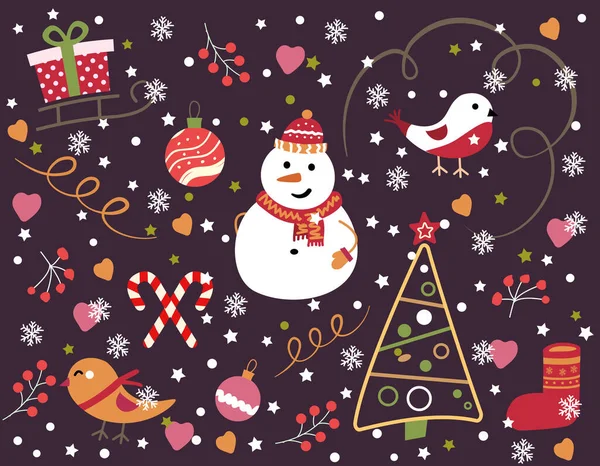 Vektor Nahtloses Muster mit Schneeflocken. Schneemann, Gimpel, Weihnachtsbaum, Weihnachtsspielzeug — Stockvektor