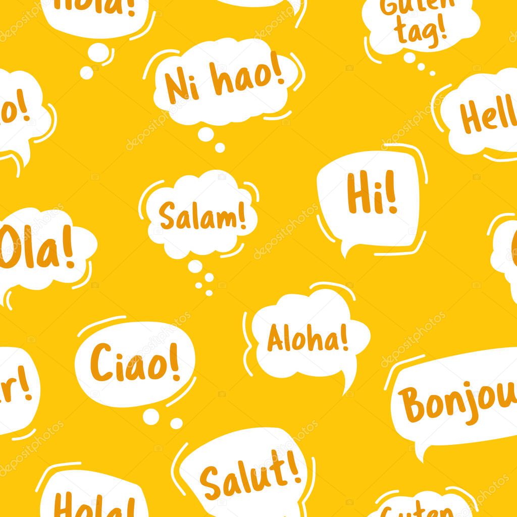 Pattern with Speech Bubble. Hello, in different languages of the world.