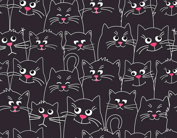 Lindo gatos negro patrón de fondo. Diferentes caras de gatos, graciosos, tristes, — Vector de stock