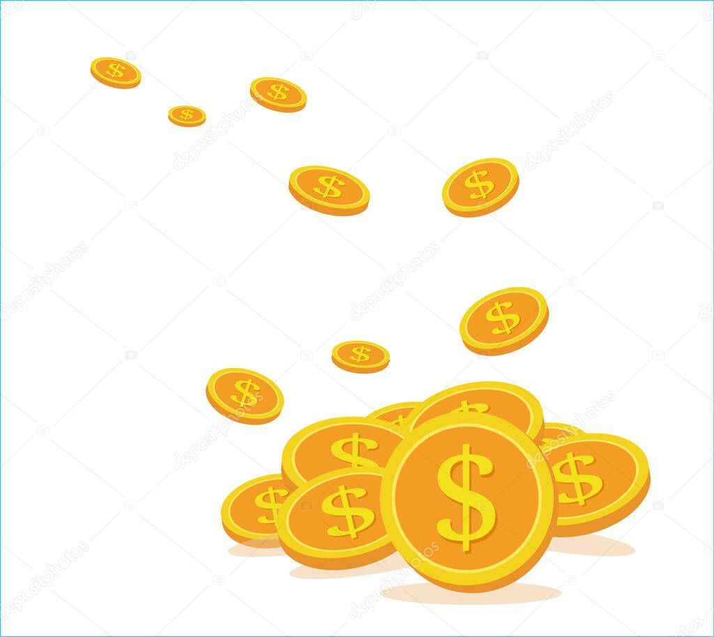 Business concept, Flying coins are collected in a large pile of gold.