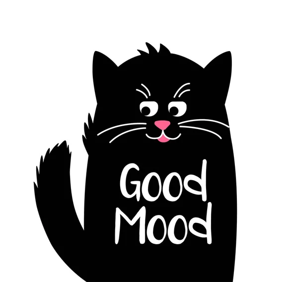 Happy Cute Cat mit Text. Gute Laune. Lustige Kawaii Tier schwarze Katze. — Stockvektor