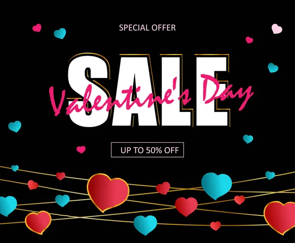 Banner sale in Valentines day. Red, blue and pink hearts hang on garlands on black — Stock Vector