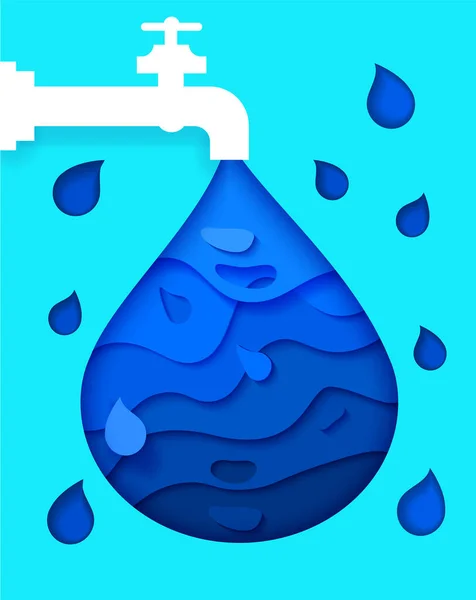 Ilustración para el cartel, no desperdicie agua. Estilo de papel, — Vector de stock