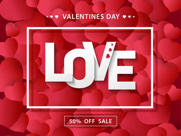 Red Banner sale in Valentines day. Background Red hearts and White word Love. — Stock Vector