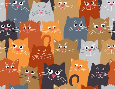 Kusursuz desenli kedi. Sevimli bir evcil hayvan desenli arka plan. Farklı yüzler
