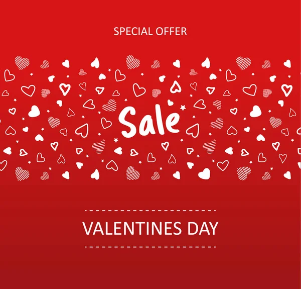 Banner sale in Valentines day. Pattern of white hearts drawn by hand on red background. — Stock Vector