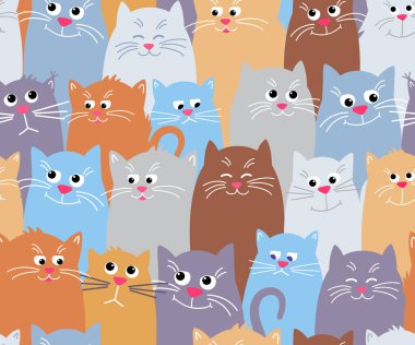 Kusursuz desenli kedi. Sevimli bir evcil hayvan desenli arka plan. Farklı ağızlık
