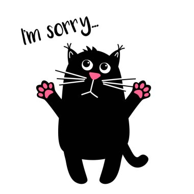 Mesajlı üzgün şirin kedi. Özür dilerim. Üzgünüm. Kawaii kara kedisi. Vektör karikatürü