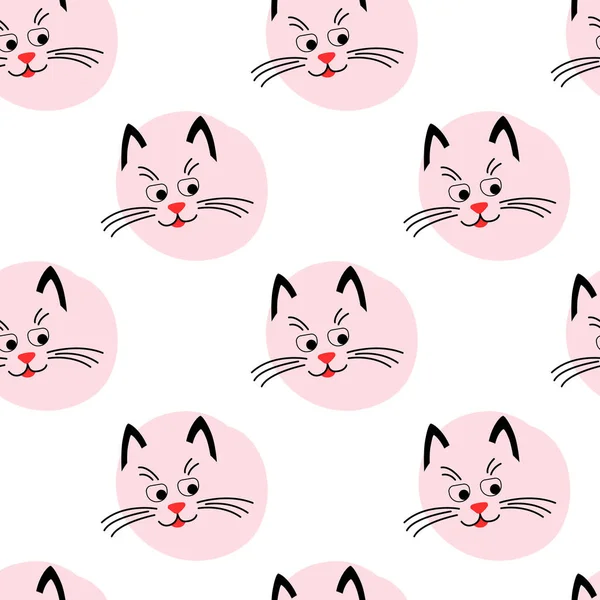 Lindo patrón de bozal gatito. Patrón sin costuras con cara de gatos y círculo. — Vector de stock