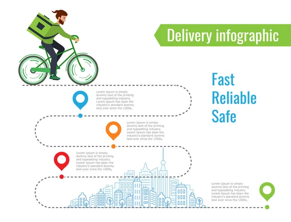 Infografía de entrega. Paseos de mensajería a lo largo de la carretera en bicicleta — Archivo Imágenes Vectoriales