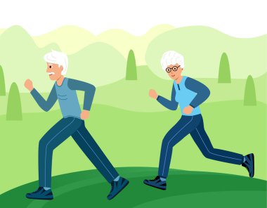 Büyükannem ve büyükbabam parkta koşarlar. Yaşlılar spor yapar.