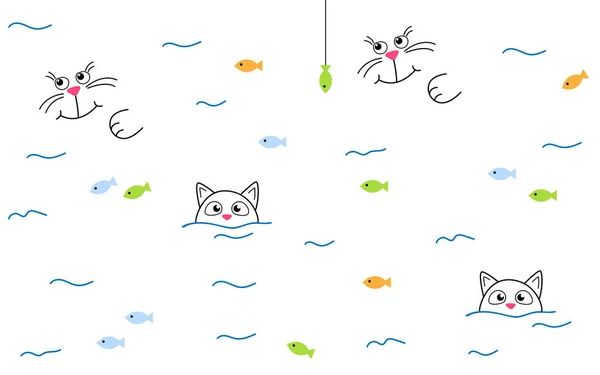Lindo gato nada en el río y captura peces. Patrón sin costura — Vector de stock