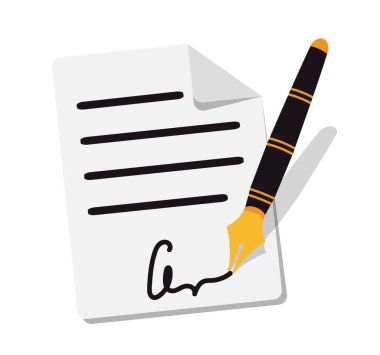 Bir dolmakalem belgeyi imzalar. İmzalı bir kağıt parçası..