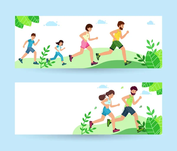 Happy Family on Jogging Banner. Father, Mother, — Stock Vector