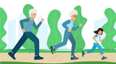 Aile eğitimi. Parkta koşan çocuklu büyükanne ve büyükbaba.,