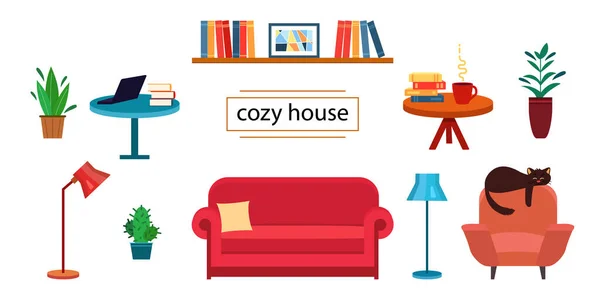 Stel illustraties meubels voor gezellig huis. Bank, boekenplank, lamp en fauteuil — Stockvector