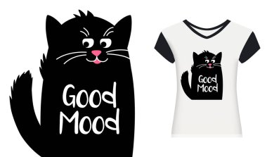 Mesajlı Mutlu Şirin Kedi. Keyfin yerinde. Kawaii kara kedisi. Vektör karikatürü