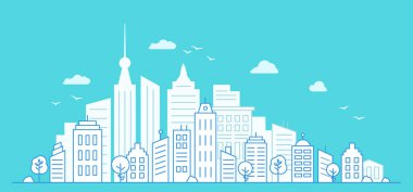 Yüksek gökdelenleri olan şehir manzarası. İnce çizgi