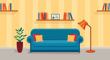 Oturma odasında kanepe, lamba, bitki ve kitaplık var. Kanepeli sıcak oda..