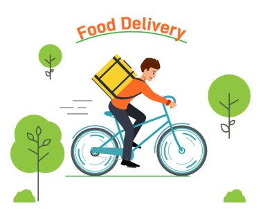Teslimat servisi kuryesi. Banner 'ın yemek teslimatı. Kurye şehirde bisiklet sürüyor.