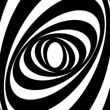 Grafiksel şekiller oval girdap şeklinde dönüyor. Hareket illüzyonu yaratan siyah ve beyaz şekiller.