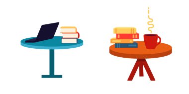 Kitap ve dizüstü bilgisayarlı kahve masası beyaza izole edilmiş..