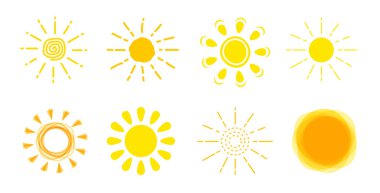 Güneş ikonu ayarlandı. Sarı güneş işareti koleksiyonu. Yaz, güneş ışığı, doğa, gökyüzü. Vektör