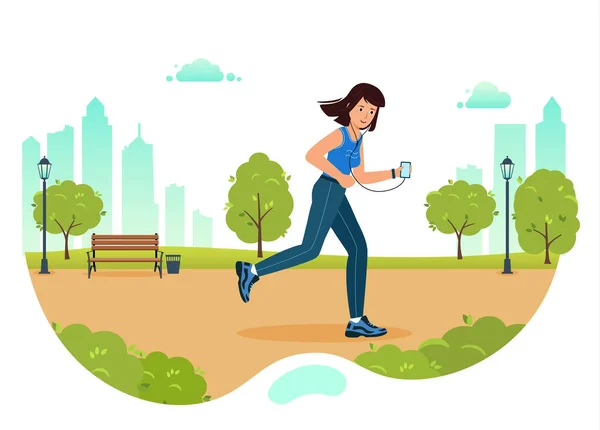 Woman is Jogging in city Park and listening to music with phone. — Stock Vector