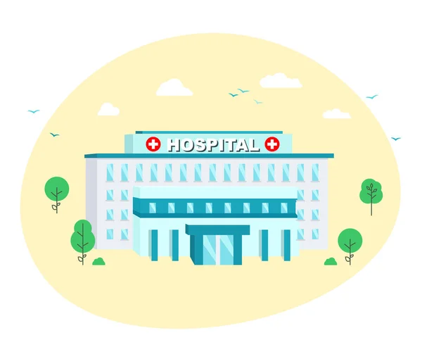 Sjukhus i platt stil på gul rund bakgrund. — Stock vektor