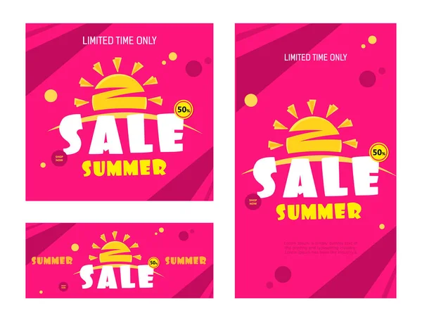 Bright red sale banner with summer sun. Text Summer sale — Stock Vector