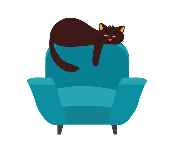 Синее кресло с черной кошкой, изолированной на белом. Концепция уютного дома. — стоковый вектор