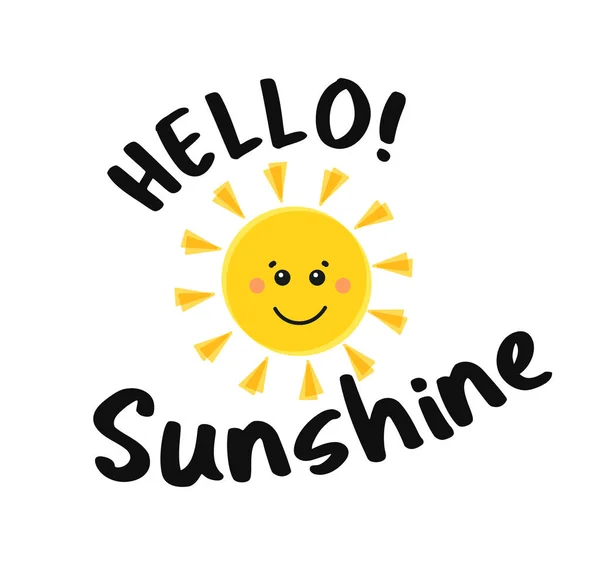 Sol engraçado com texto Hello Sunshine. Amarelo Bonito personagem dos desenhos animados sol. Alegria do sol infantil. — Vetor de Stock
