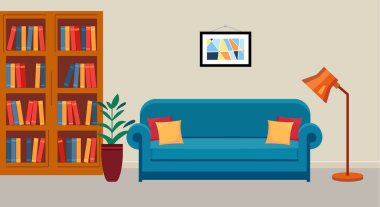 Halk kütüphanesinin içi. Kitaplığı, kanepesi ve okuma lambası olan bir oda..