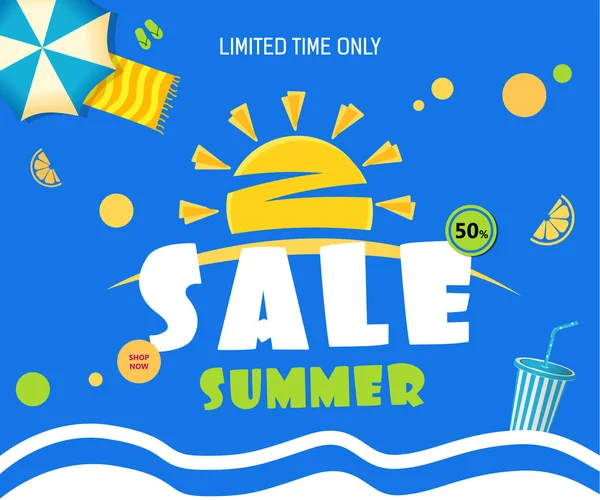 Ljusa Försäljning banner mall blå design med sommarsol. Text försäljning sommar, — Stock vektor
