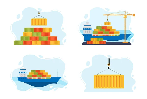 Комплект иллюстраций морской грузовой транспорт. Доставка грузов по всему миру. — стоковый вектор