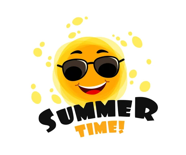 Funny sun with text Summer Time. Yellow Cute sunshine cartoon character. — Stock Vector