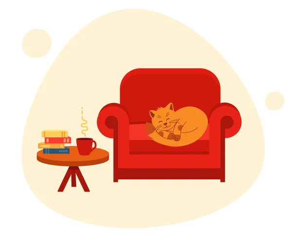 Концепция уютного дома и чтения. Милая кошка спит на стуле., — стоковый вектор