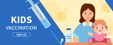Mavi pankart Çocuk Aşısı. Anne ve çocuk klinikte. Web sitesi