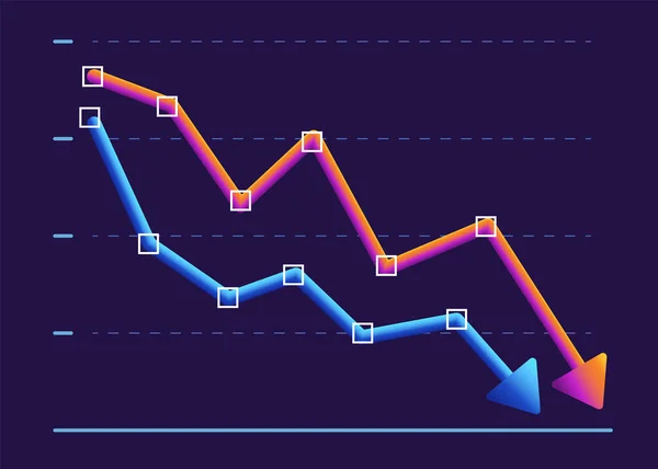 Cuadro financiero con dos flechas moviéndose hacia abajo. Diseño moderno rojo y azul — Vector de stock