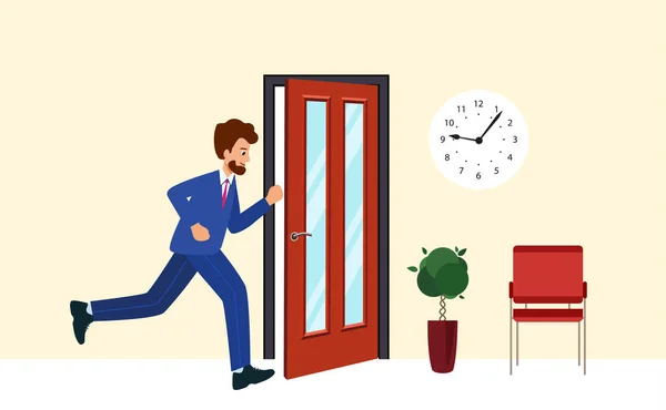 Biznesmen spóźnia się do pracy lub na spotkanie. Człowiek ucieka od pracy.. — Wektor stockowy