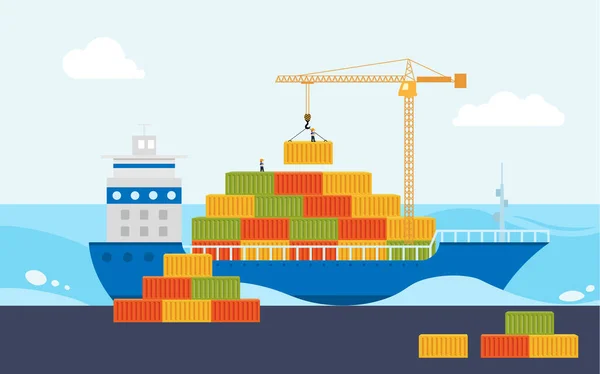 Porto marítimo industrial contêiner de logística de carga. Guindaste carrega carga na barcaça de carga. — Vetor de Stock