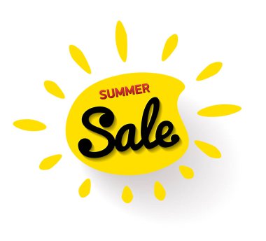 Mesajlı sarı güneş, yaz indirimi. poster için ögeler,